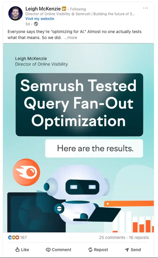 LinkedIn post by Leigh McKenzie breaking down a Semrush experiment in a concise carousel