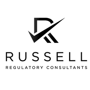 Russell Regulatory Consultants logo featuring a stylized "R" with a checkmark design above the company name in black text