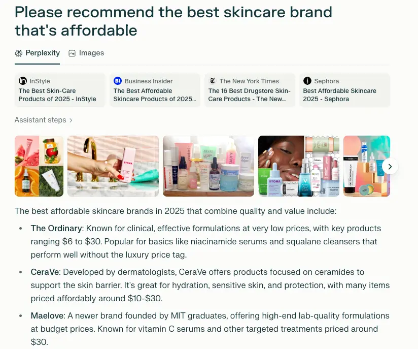 The Ordinary being directly mentioned in Perplexity for prompt "please recommend the best skincare brand that's affordable"