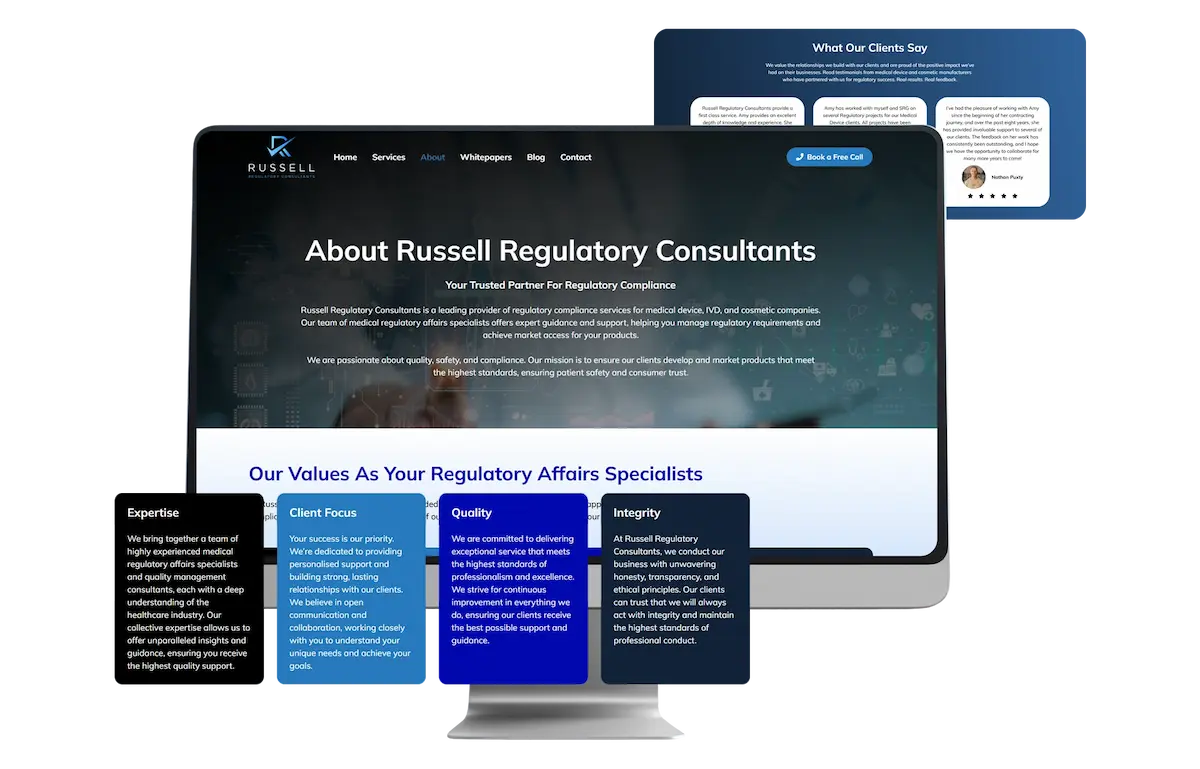 Desktop monitor displaying the Russell Regulatory Consultants "About" page with company values on Expertise, Client Focus, Quality, and Integrity, alongside a client testimonials panel