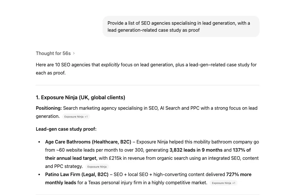 Exposure Ninja ranked number one for "provide a list of SEO agencies specialising in lead generation, with a lead-generation-related case study as proof" in ChatGPT
