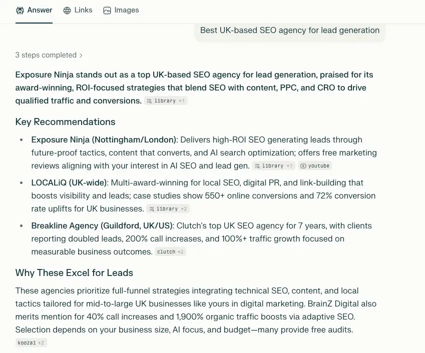 Exposure Ninja ranked as key recommendation for prompt "best UK-based SEO agency for lead generation" in Perplexity