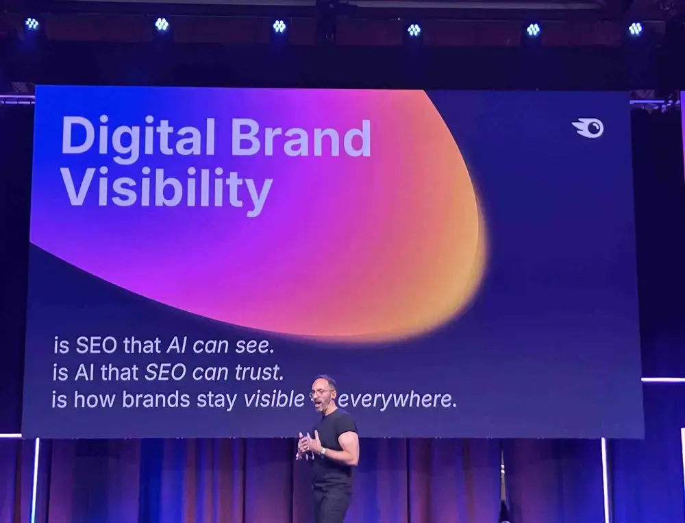 Andrew Warden, from Semrush, on stage at Semrush Spotlight as an SEO speaker on Digital Brand Visibility