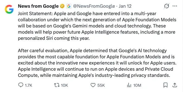 Google Apple Partnership Announcement on X