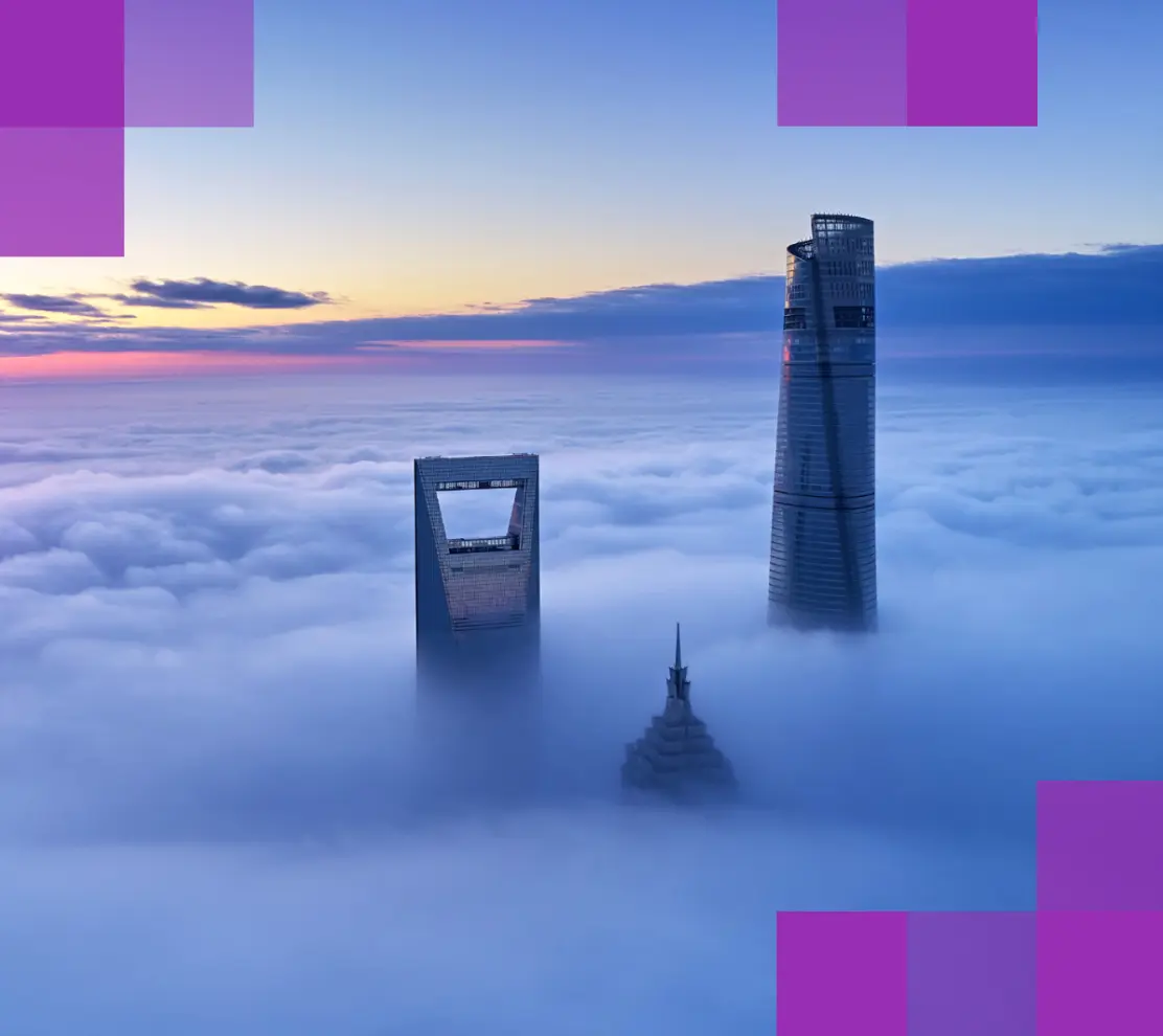 Skyscrapers in Shanghai rise above a thick sea of clouds at sunset, framed by purple geometric design blocks in the corners.