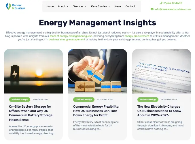 Renew & Sustain's "Energy Management Insights" blog page showing three featured articles on battery storage, energy flexibility, and UK electricity charges, with navigation menu and contact details at the top.
