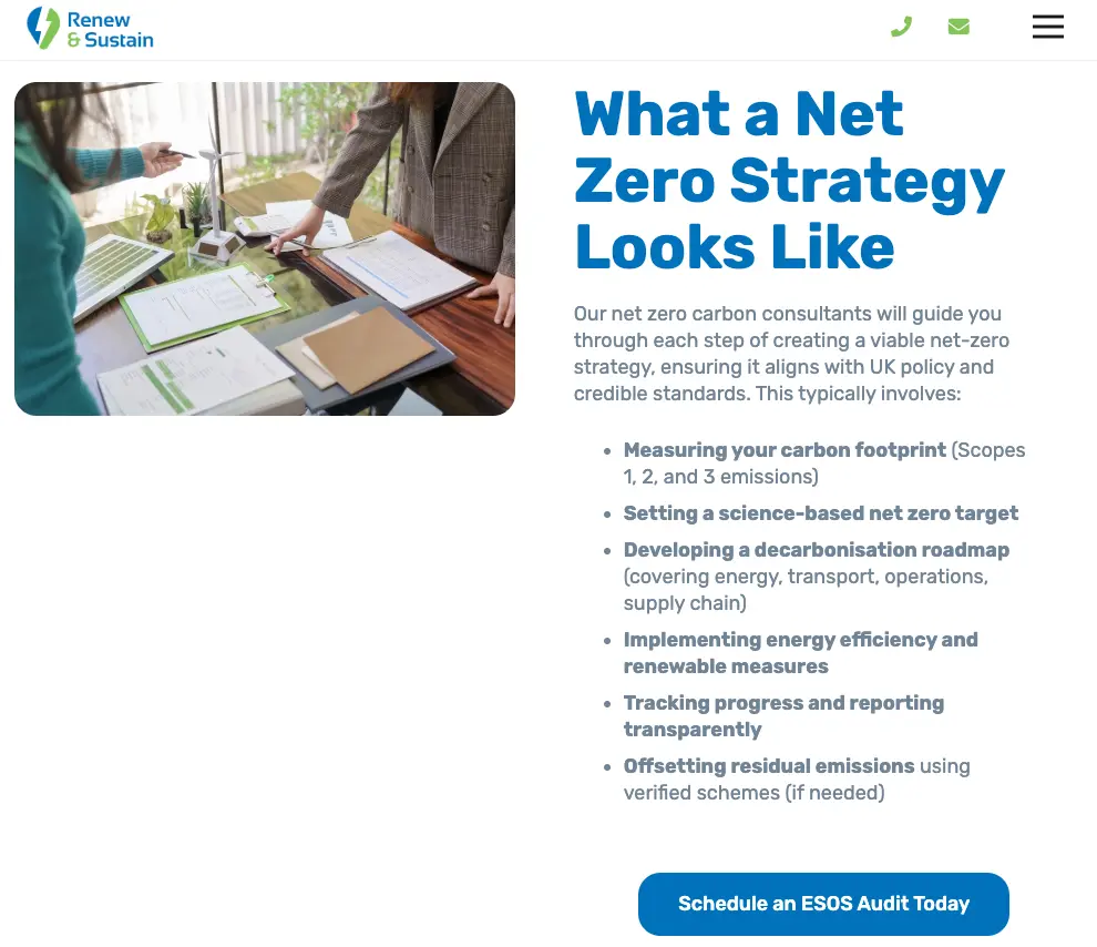 Website page from Renew & Sustain titled "What a Net Zero Strategy Looks Like," listing steps for building a net-zero carbon strategy alongside a photo of two people reviewing documents at a desk with a model wind turbine.