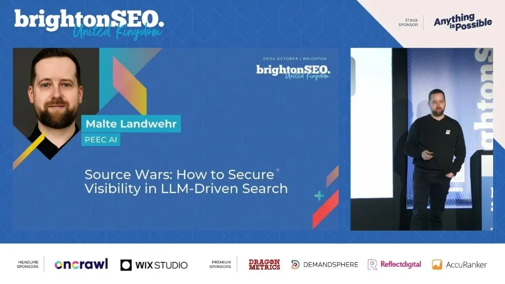 Malt Landwehr, from Peec AI, at BrightonSEO as an SEO speaker on How to Secure Visibility in LLM-Driven Search