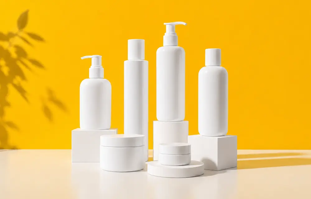Blank white cosmetic bottles and jars displayed on pedestals against a yellow background with leaf shadows, styled as unbranded product mockups