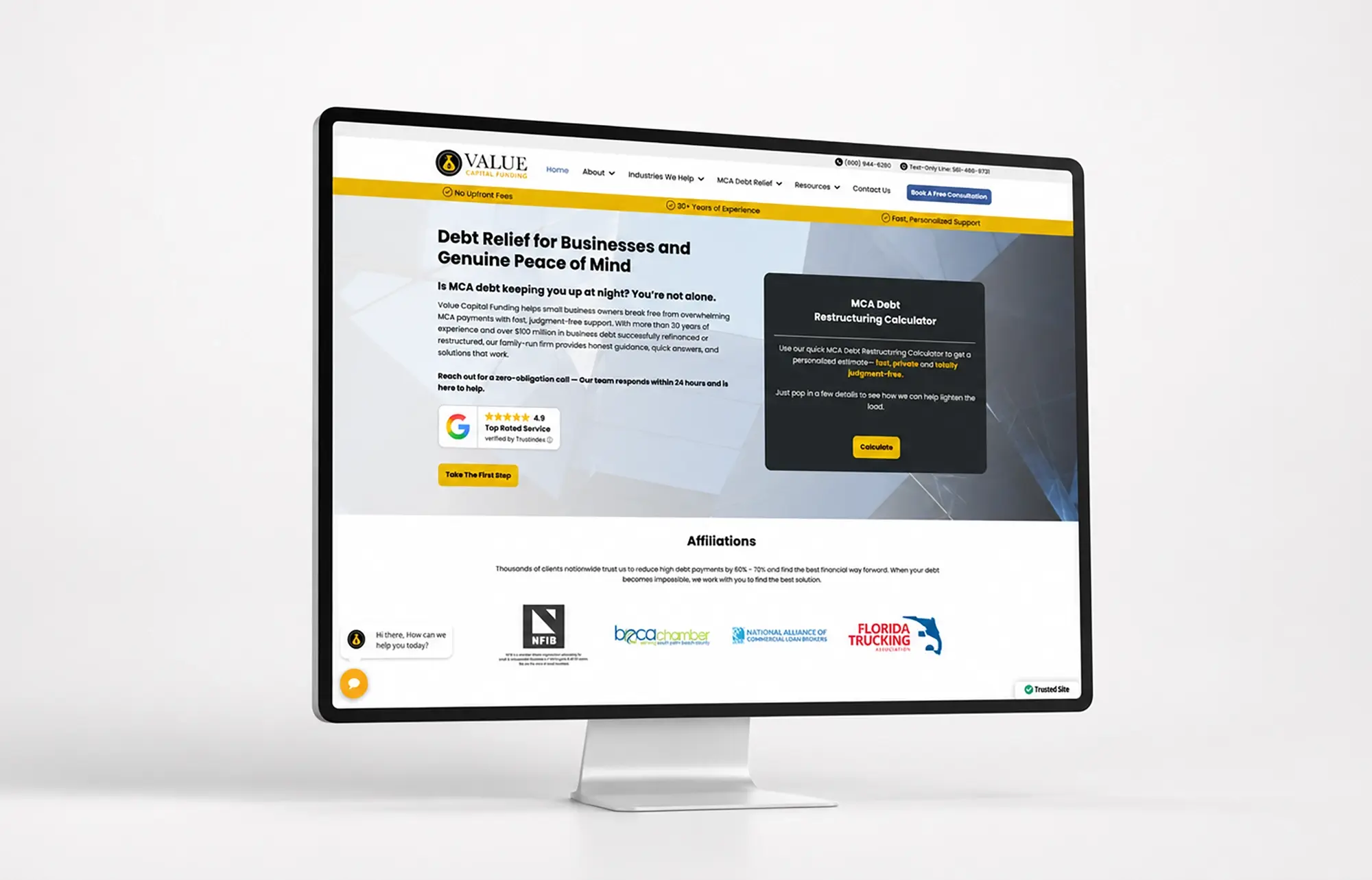 Desktop monitor mockup displaying the Value Capital Funding website homepage with the "Debt Relief for Businesses" headline, MCA Debt Restructuring Calculator, and business affiliation logos