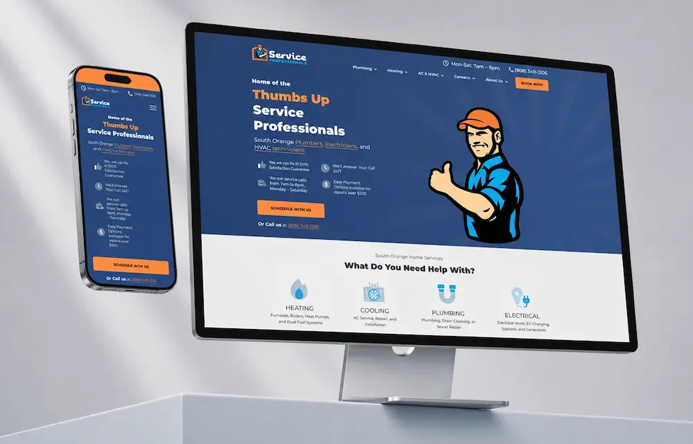 Desktop monitor and smartphone displaying the "Thumbs Up Service Professionals" website homepage with a cartoon plumber mascot and service category icons for heating, cooling, plumbing, and electrical