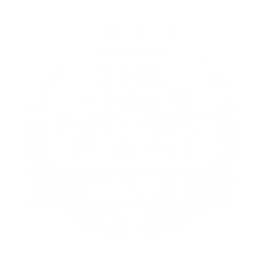 White laurel wreath badge on a black background reading "Global Agency Awards 2026 – Global Integrated Search Agency of the Year – Winner".