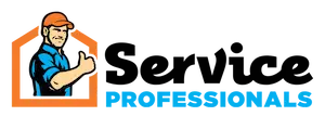 Logo for Service Professionals featuring a cartoon repairman giving a thumbs-up inside an orange house-shaped outline, next to bold black and blue text.