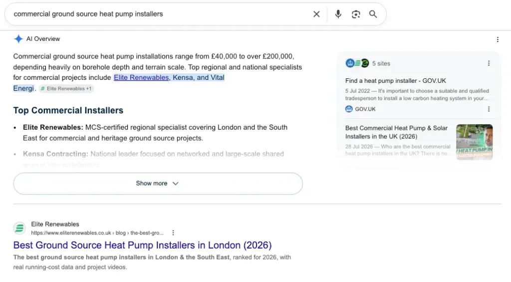 Google search result for commercial ground source heat pump installers showing Elite Renewables page in position one and in the AI Overviews