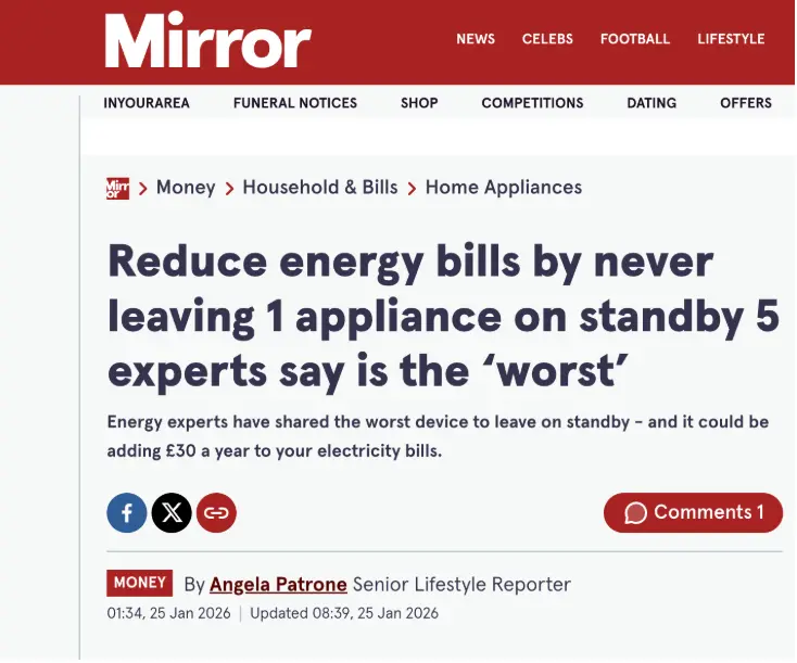 Screenshot of a Mirror news article headlined "Reduce energy bills by never leaving 1 appliance on standby 5 experts say is the 'worst'," with byline, social share icons, and breadcrumb navigation.