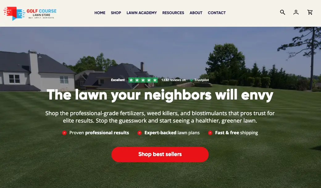 Golf Course Lawn Store website homepage with "The lawn your neighbors will envy" headline over a photo of a manicured lawn, five-star Trustpilot rating, and a "Shop best sellers" button