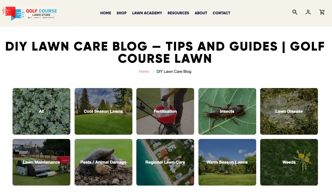 Golf Course Lawn Store website's DIY Lawn Care blog page showing category tiles for topics like fertilization, insects, weeds, lawn disease, and regional lawn care