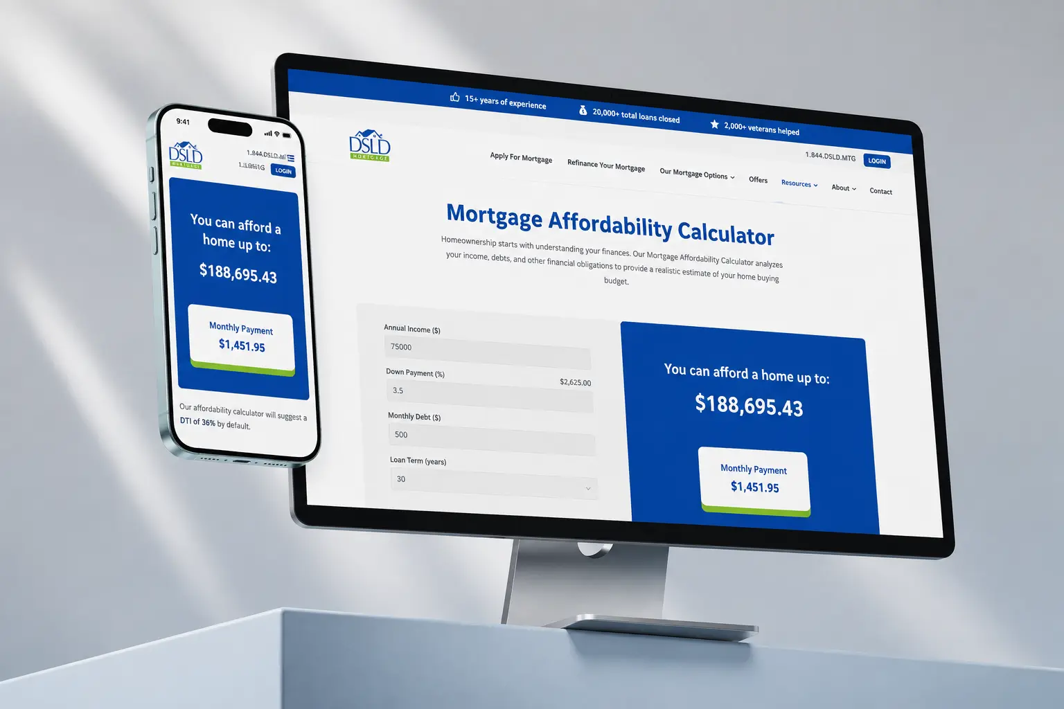 Desktop monitor and smartphone displaying the DSLD Mortgage website's Mortgage Affordability Calculator, showing input fields and a result of $188,695.43 affordable home price with $1,451.95 monthly payment