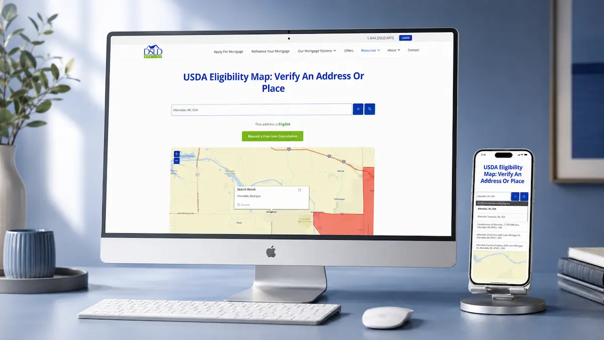 iMac and smartphone displaying the DSLD Mortgage website's USDA Eligibility Map tool, showing an address search result with an eligible property highlighted on a map