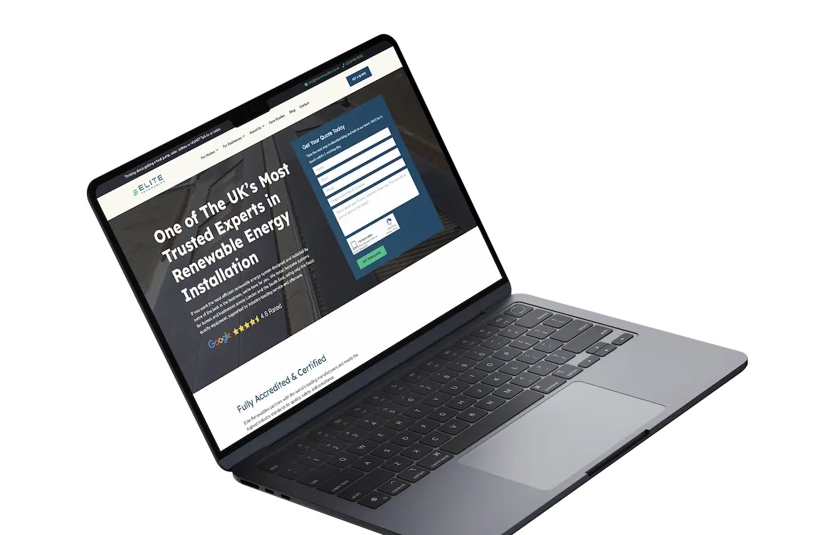 Laptop displaying the Elite Renewables website homepage with a "One of The UK's Most Trusted Experts in Renewable Energy Installation" headline and a "Get Your Quote Today" form