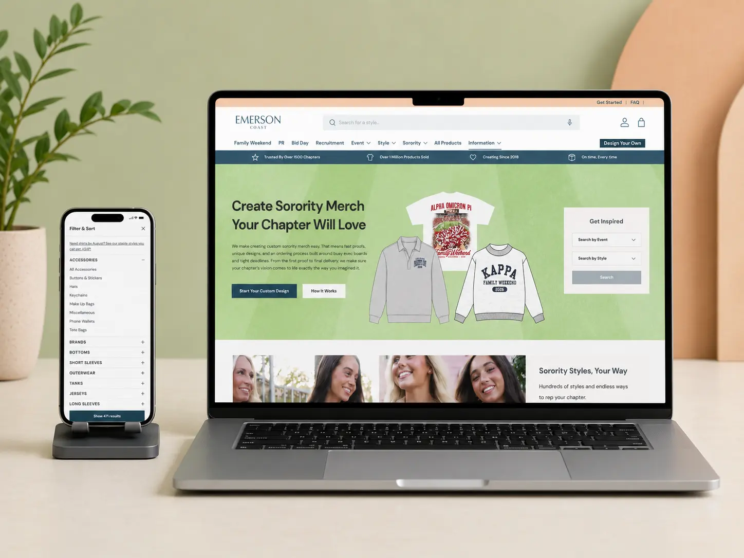 Laptop and smartphone displaying the Emerson Coast website, showing a "Create Sorority Merch Your Chapter Will Love" homepage on the laptop and a product filter menu on the phone