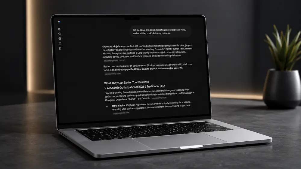 Laptop in dark mode displaying an AI chat response describing the digital marketing agency Exposure Ninja and its AI search optimization and SEO services