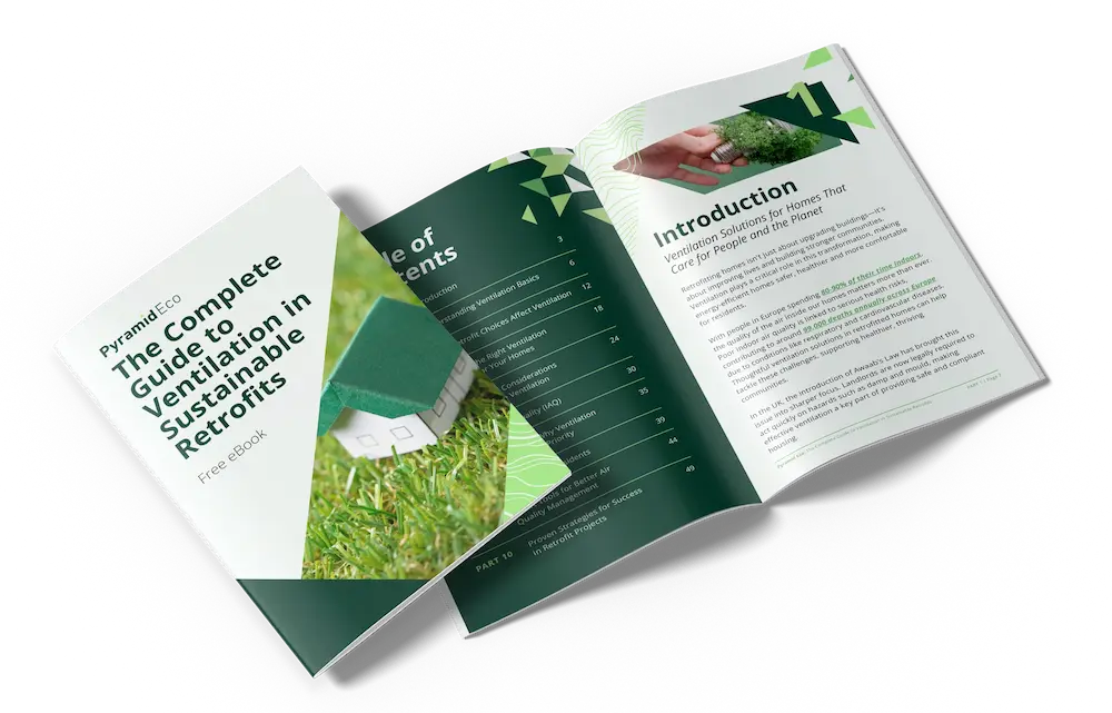 Pyramid Eco free eBook titled "The Complete Guide to Ventilation in Sustainable Retrofits" shown open to the table of contents and introduction pages