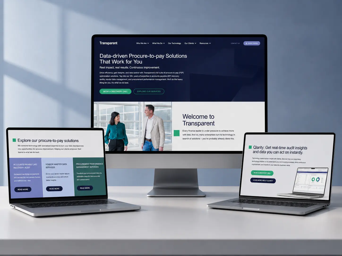 Desktop monitor flanked by two laptops displaying the Transparent website's "Data-driven Procure-to-pay Solutions" homepage, procurement services page, and Qlarity audit insights page