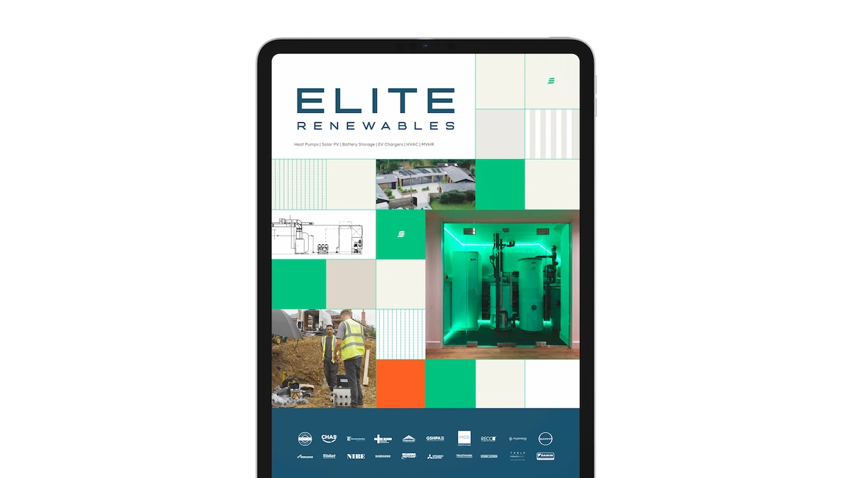 A tablet displays the Elite Renewables brochure cover featuring a grid of green-toned photos of renewable energy equipment, workers, and installations, along with accreditation logos at the bottom.
