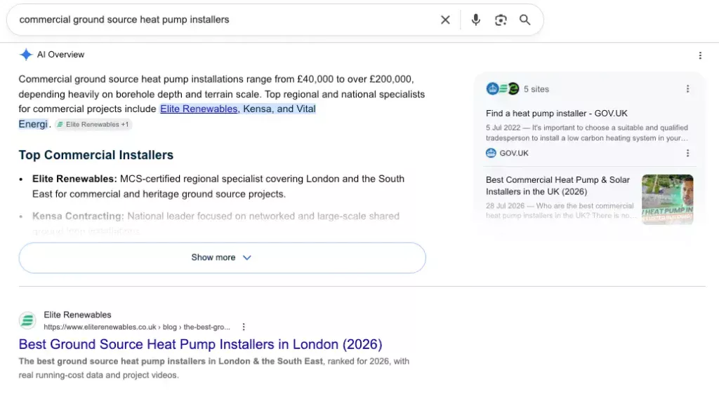 Google search result for commercial ground source heat pump installers showing Elite Renewables page in position one and in the AI Overviews