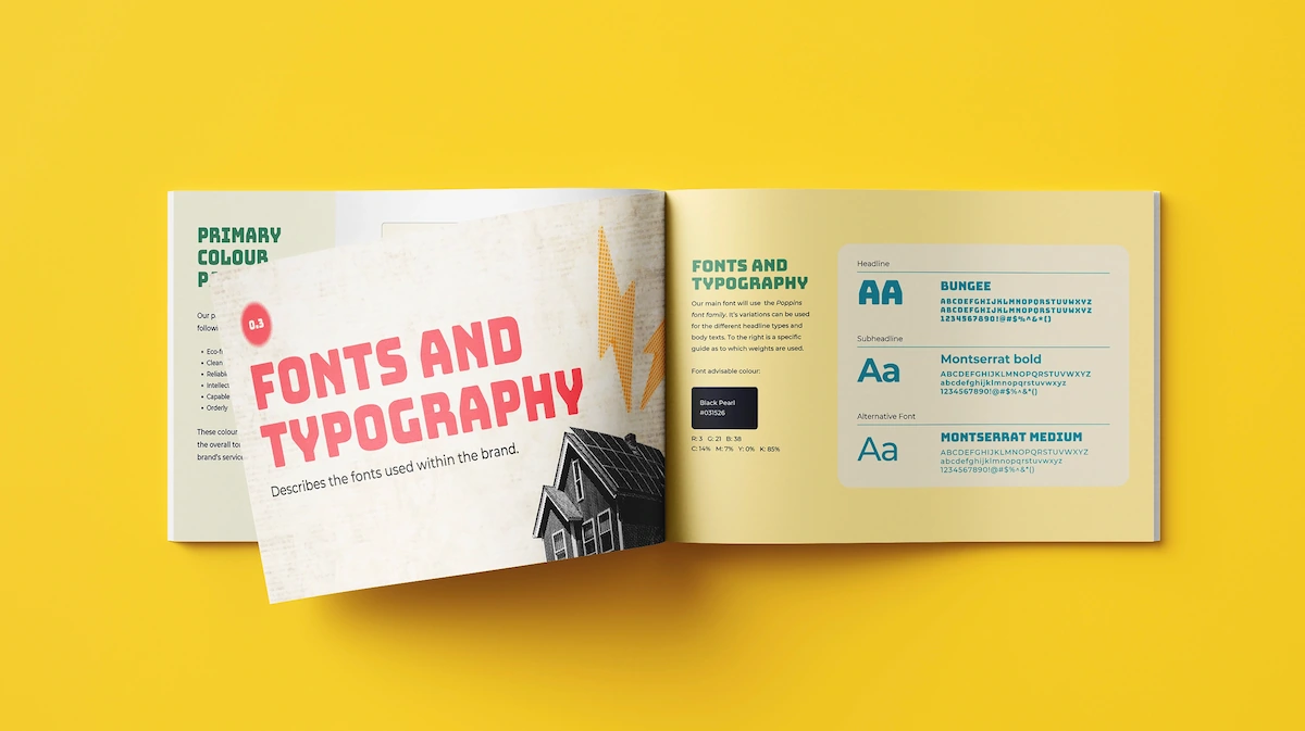 An open brand style guide booklet showing the "Fonts and Typography" section with font families and color codes, laid on a bright yellow background.