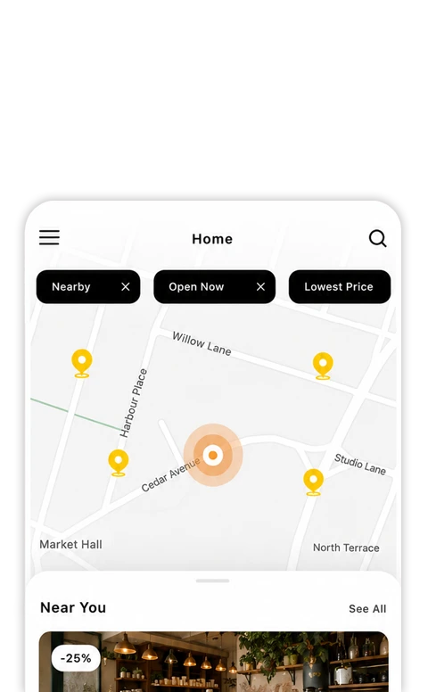 Mobile app screen showing a "Home" map view with location pins, filter tags for "Nearby," "Open Now," and "Lowest Price," and a "Near You" deals section below featuring a discounted listing.