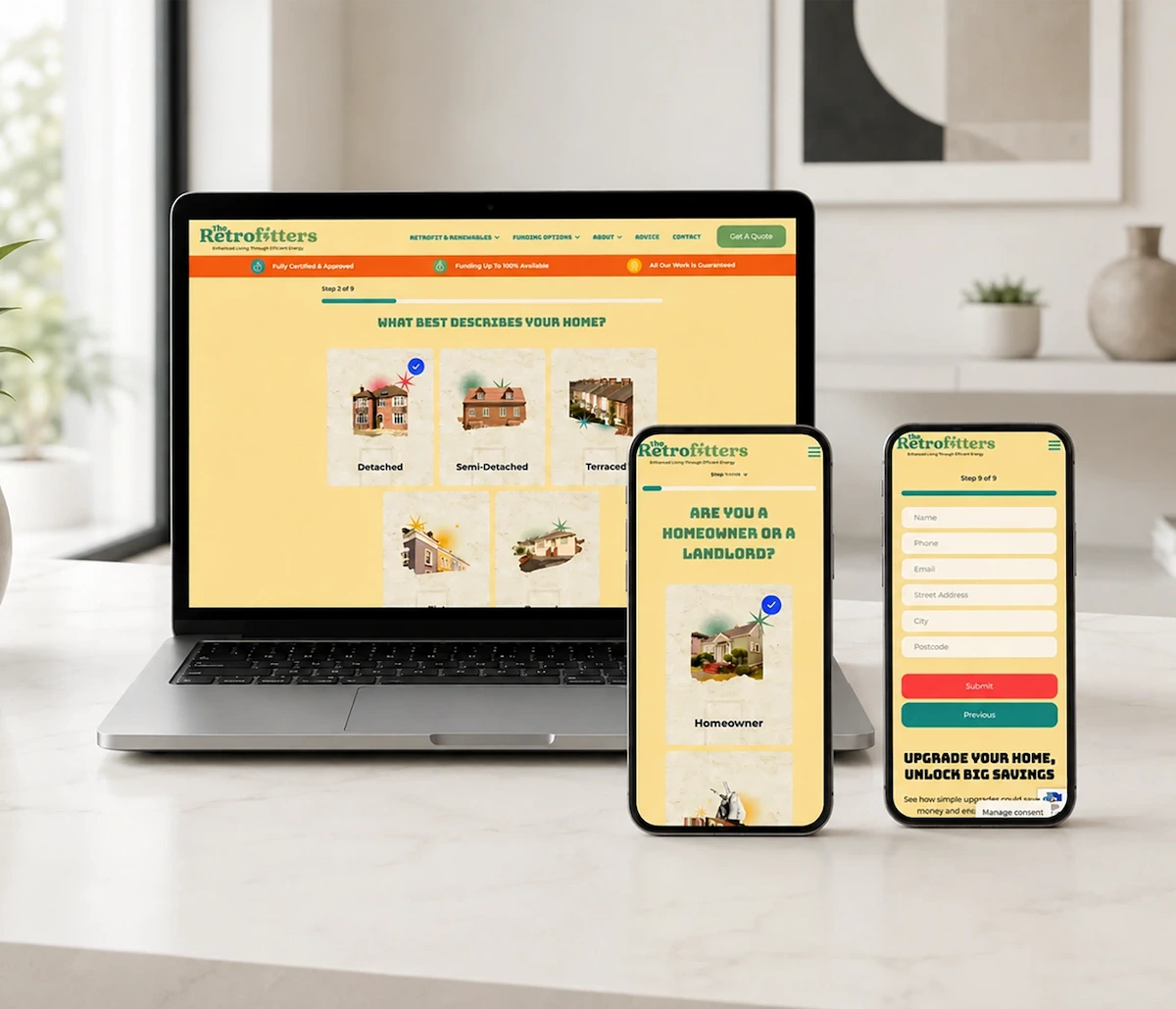 Laptop and two smartphones displaying The Retrofitters website multi-step quote form with home type selection and contact details, set on a marble table in a bright modern room