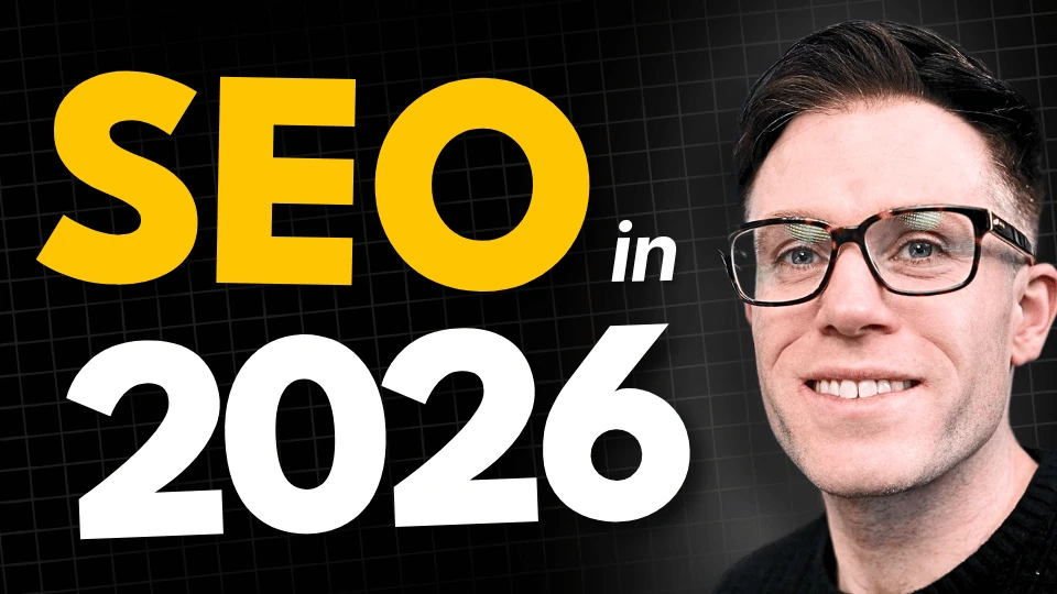 YouTube thumbnail with bold yellow "SEO" and white "2026" text on a dark grid background, next to a smiling man with glasses and dark hair wearing a black sweater