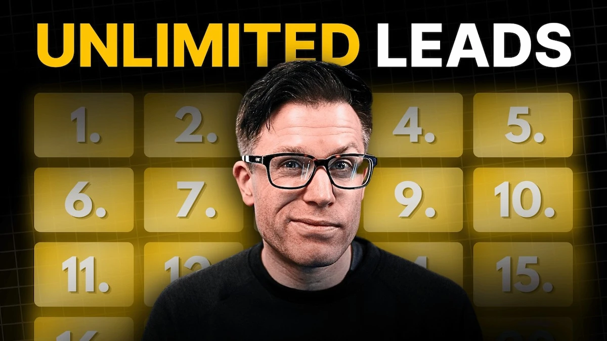 YouTube thumbnail titled "Unlimited Leads," featuring a man in glasses standing in front of a grid of glowing yellow numbered tiles on a dark background.