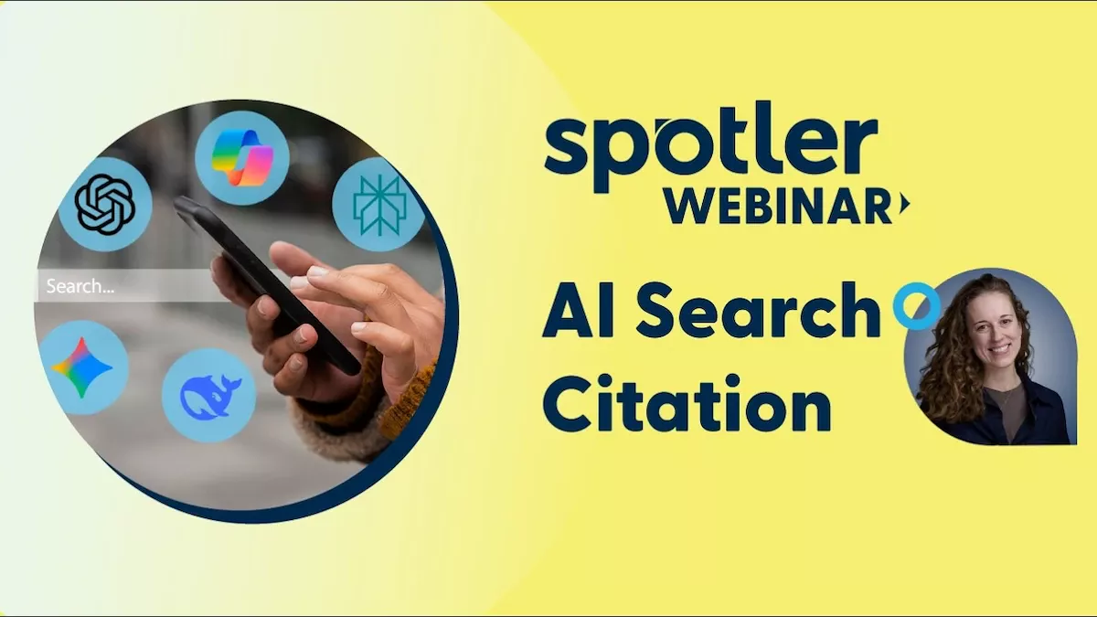 Spotler webinar promo titled "AI Search Citation" with a yellow background, a hand using a smartphone surrounded by AI assistant icons, and a headshot of the speaker