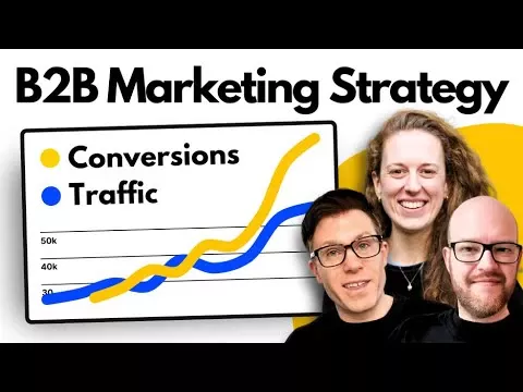 YouTube thumbnail titled "B2B Marketing Strategy," showing a rising line graph tracking conversions and traffic, with three smiling people posed beside it.