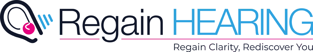 Regain Hearing logo featuring an ear icon with sound waves beside the text "Regain Hearing" and the tagline "Regain Clarity, Rediscover You"