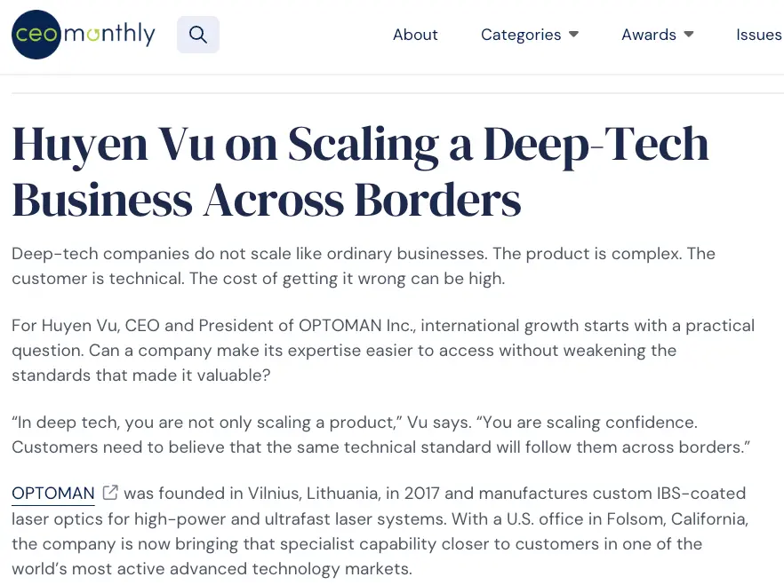 CEO Monthly webpage featuring an article on Huyen Vu scaling OPTOMAN’s deep-tech business across borders, with a focus on trust and technical standards.