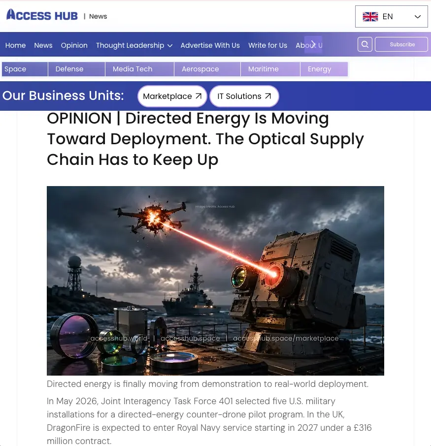 Access Hub article on directed-energy weapons moving toward deployment, illustrated by a ship-mounted laser striking a drone at sea under dark, stormy skies; tense military tone.